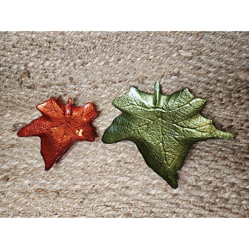 2 Autumn Fall Maple Glass Iridescent Green Red Decorative Candy Dish Trinket